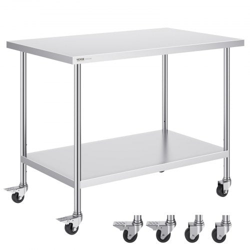 VEVOR Stainless Steel Work Table 30 x 48 x 38 Inch, with 4 Wheels, 3 Adjustable Height Levels, Heavy Duty Food Prep Worktable for Commercial Kitchen Restaurant, Silver