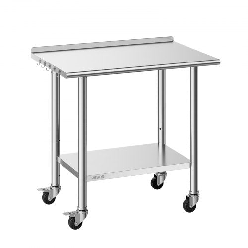 VEVOR Stainless Steel Work Table, 61x91 cm Food Prep Table with Wheels and Backsplash, Commercial Kitchen Workstation with Adjustable Undershelf, Metal Utility Worktable, for Restaurant Outdoor