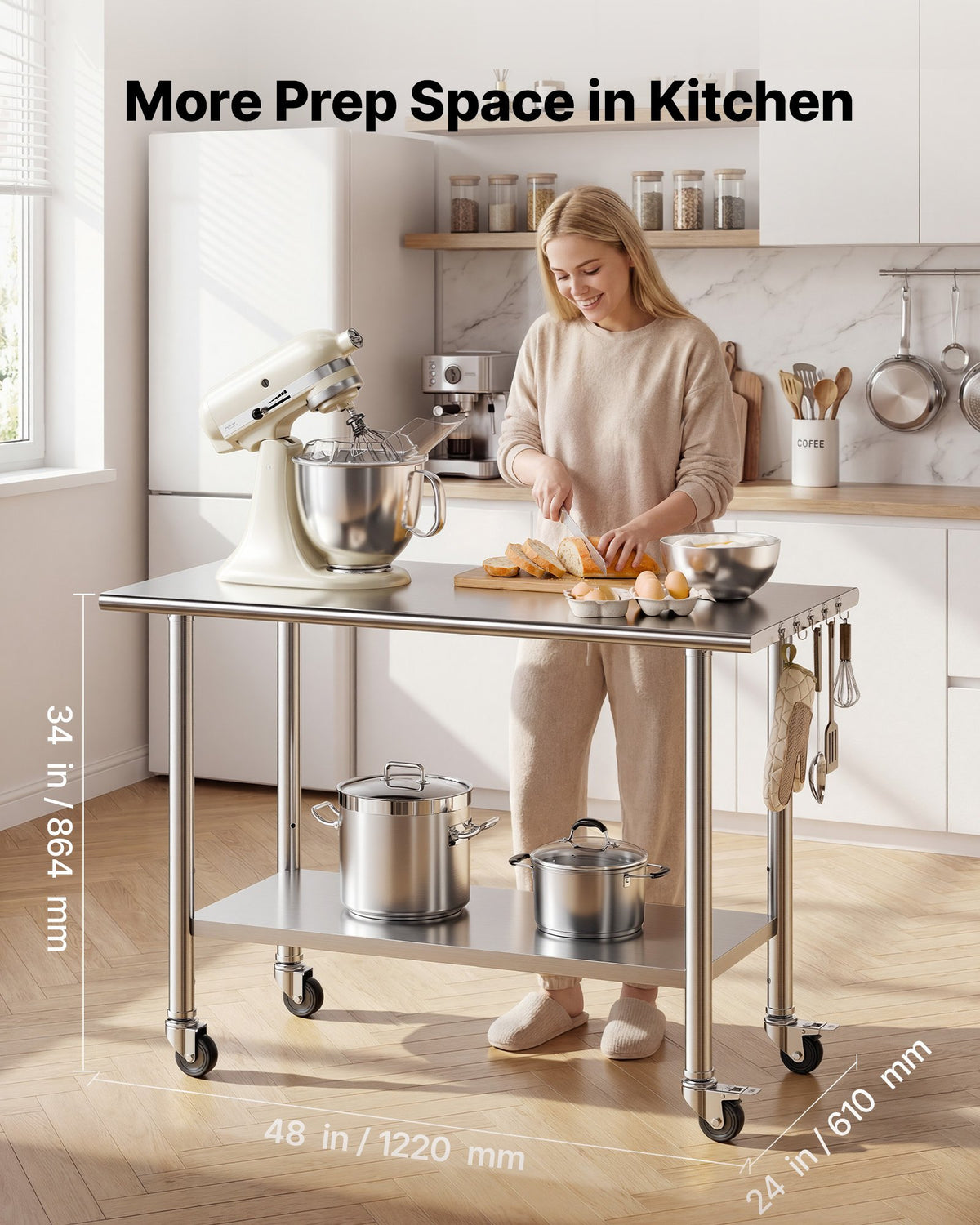 VEVOR Stainless Steel Work Table, 61x122 cm Food Prep Table with Wheels, Commercial Kitchen Workstation with Adjustable Undershelf, Metal Utility Worktable, for Restaurant Outdoor