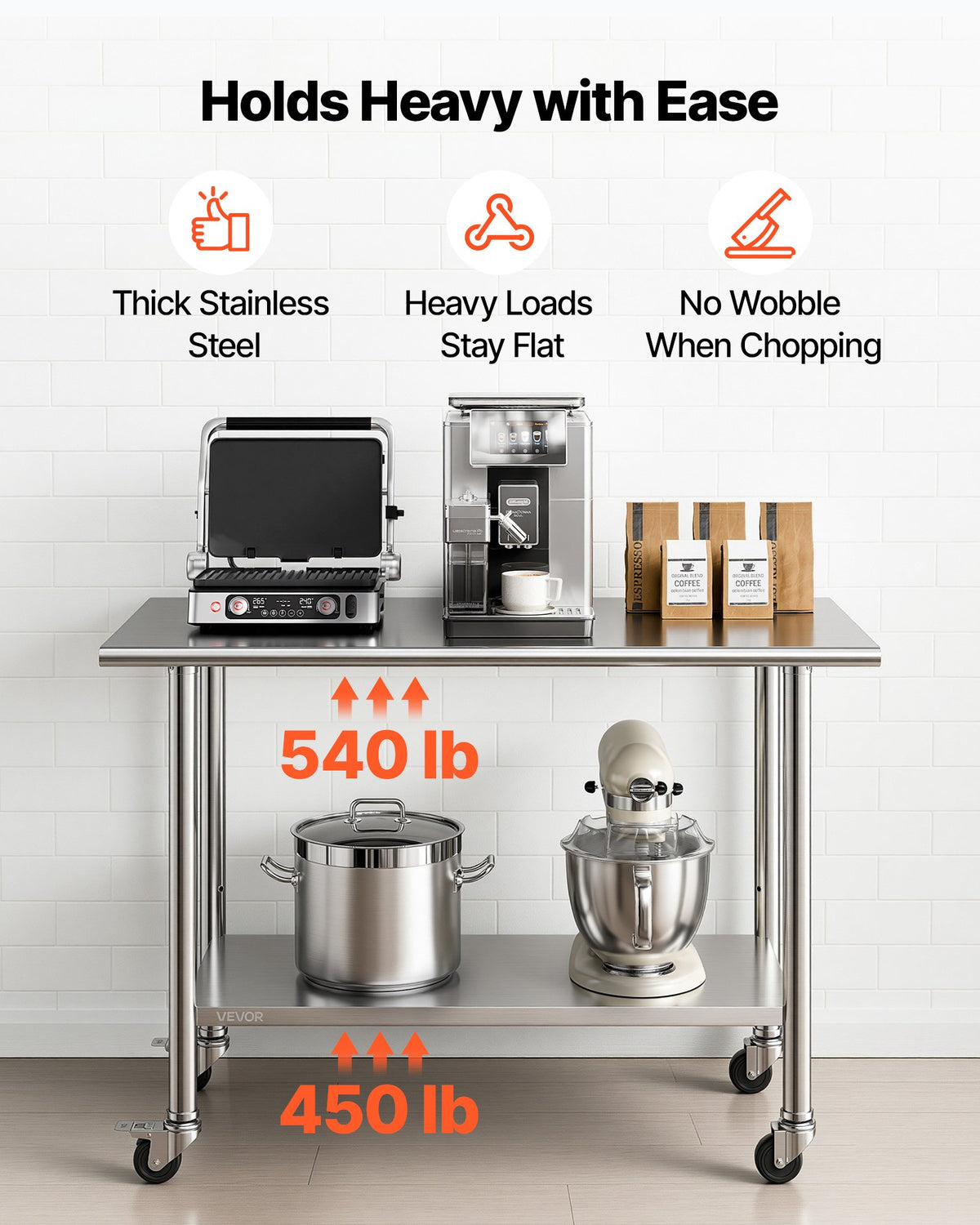 VEVOR Stainless Steel Work Table, 61x122 cm Food Prep Table with Wheels, Commercial Kitchen Workstation with Adjustable Undershelf, Metal Utility Worktable, for Restaurant Outdoor