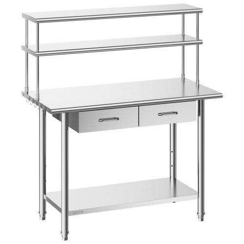VEVOR Stainless Steel Work Table, 61x122 cm Food Prep Table with Overshelves and 2 Drawers, Commercial Kitchen Workstation with Adjustable Undershelf, Metal Utility Worktable, Restaurant Garage