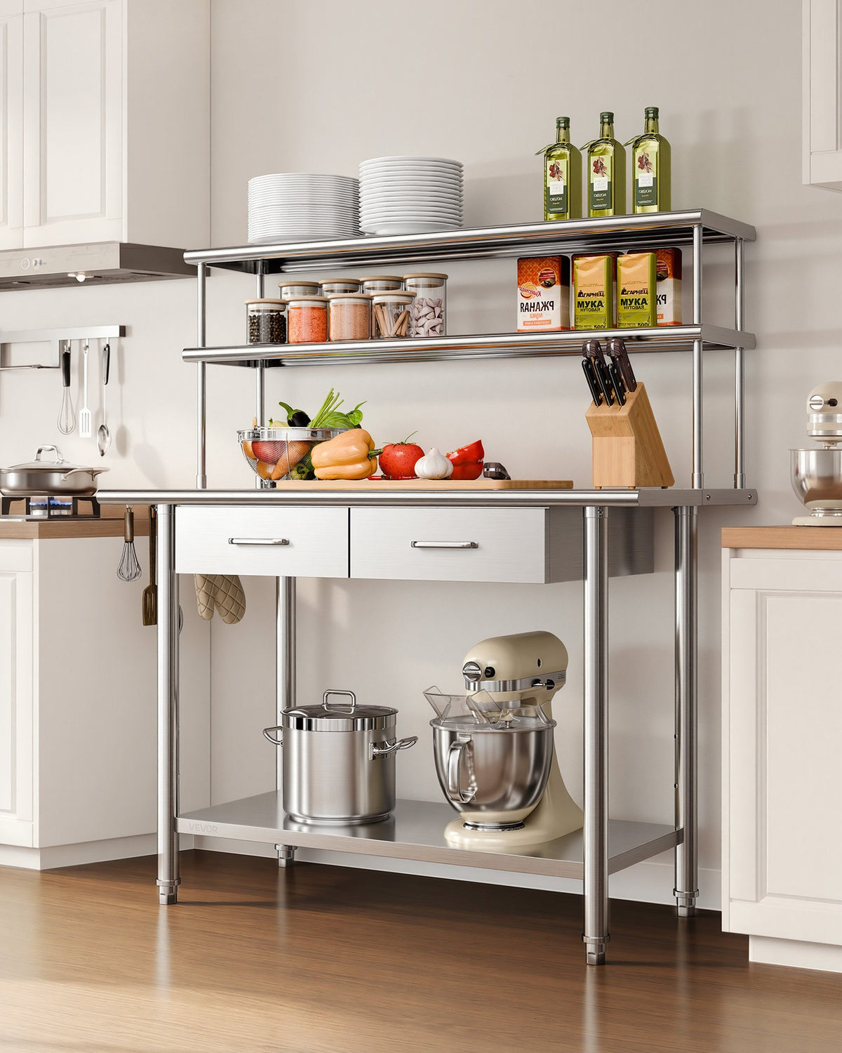 VEVOR Stainless Steel Work Table, 61x122 cm Food Prep Table with Overshelves and 2 Drawers, Commercial Kitchen Workstation with Adjustable Undershelf, Metal Utility Worktable, Restaurant Garage