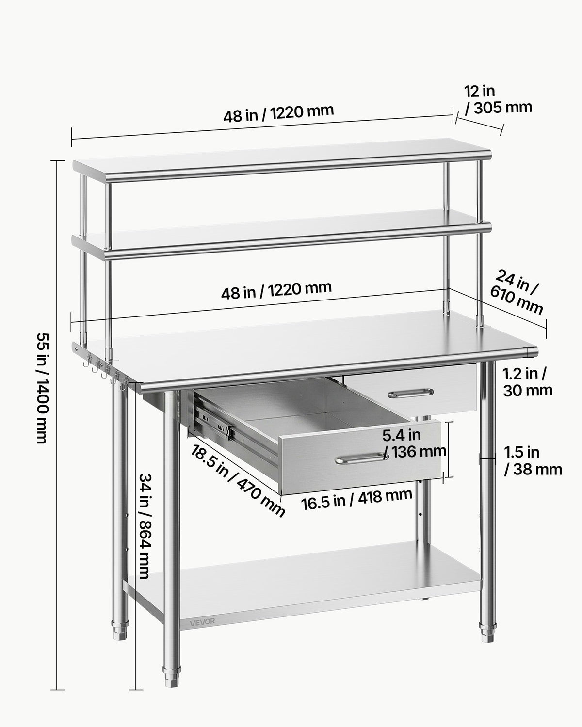 VEVOR Stainless Steel Work Table, 61x122 cm Food Prep Table with Overshelves and 2 Drawers, Commercial Kitchen Workstation with Adjustable Undershelf, Metal Utility Worktable, Restaurant Garage