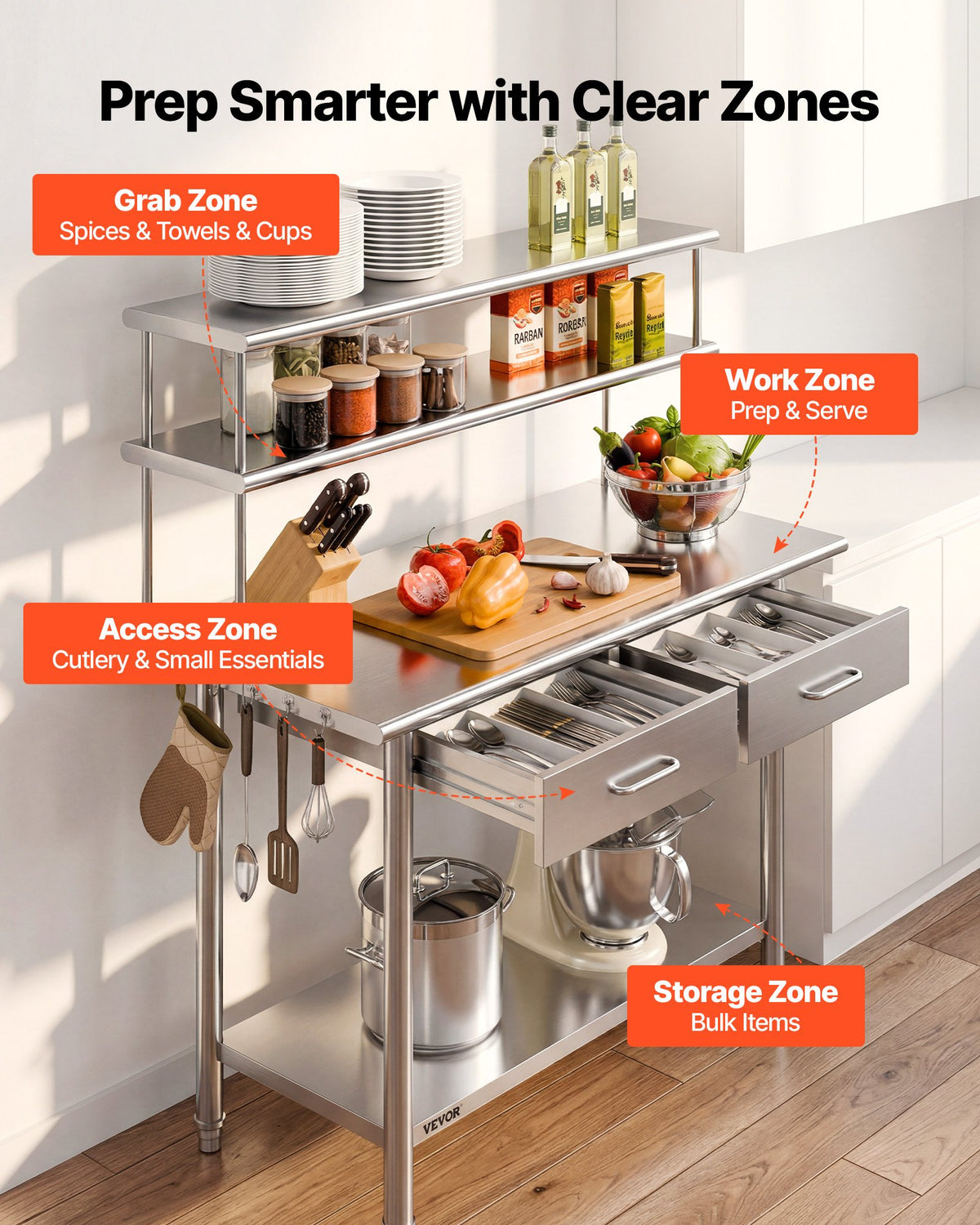 VEVOR Stainless Steel Work Table, 61x122 cm Food Prep Table with Overshelves and 2 Drawers, Commercial Kitchen Workstation with Adjustable Undershelf, Metal Utility Worktable, Restaurant Garage