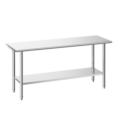 VEVOR Stainless Steel Work Table, 61x183 cm Food Prep Table, Commercial Kitchen Workstation with Adjustable Undershelf, Metal Heavy Duty Utility Worktable, for Restaurant Home Hotel Garage Outdoor