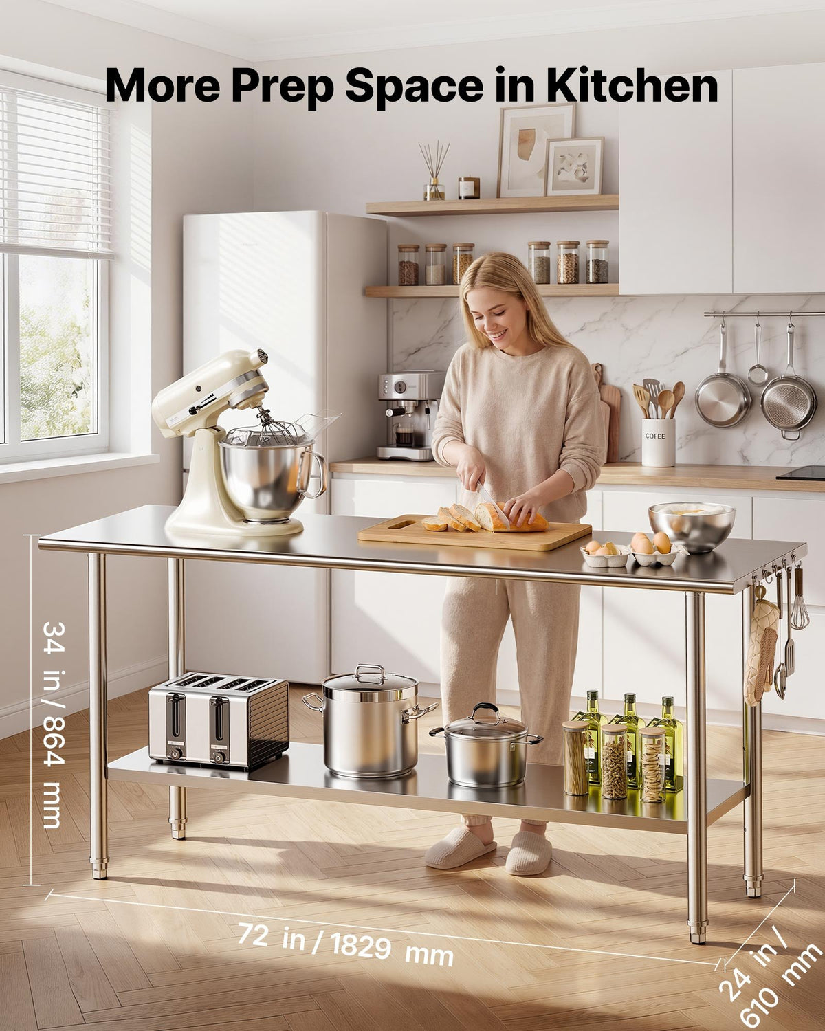 VEVOR Stainless Steel Work Table, 61x183 cm Food Prep Table, Commercial Kitchen Workstation with Adjustable Undershelf, Metal Heavy Duty Utility Worktable, for Restaurant Home Hotel Garage Outdoor