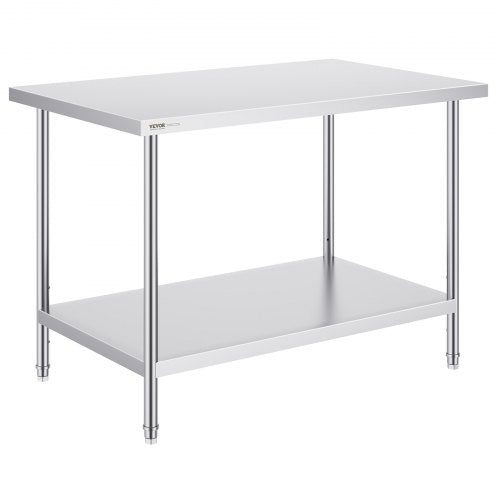 VEVOR Stainless Steel Prep Table, 30 x 48 x 34 Inch, Heavy Duty Metal Worktable with 3 Adjustable Height Levels, Commercial Workstation for Kitchen Garage Restaurant Backyard