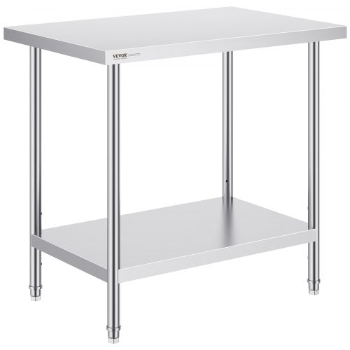VEVOR Stainless Steel Prep Table, 24 x 36 x 34 Inch, Heavy Duty Metal Worktable with 3 Adjustable Height Levels, Commercial Workstation for Kitchen Garage Restaurant Backyard