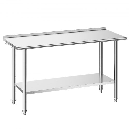 VEVOR Stainless Steel Work Table, 61x152 cm Food Prep Table with Backsplash, Commercial Kitchen Workstation with Adjustable Undershelf, Metal Heavy Duty Utility Worktable, for Restaurant Home Outdoor