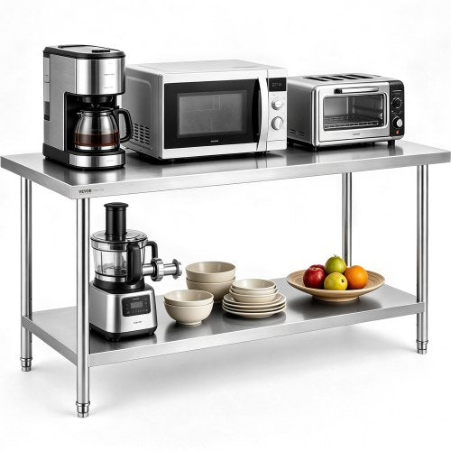 VEVOR Stainless Steel Prep Table, 30 x 72 x 34 Inch, Heavy Duty Metal Worktable with 3 Adjustable Height Levels, Commercial Workstation for Kitchen Garage Restaurant Backyard