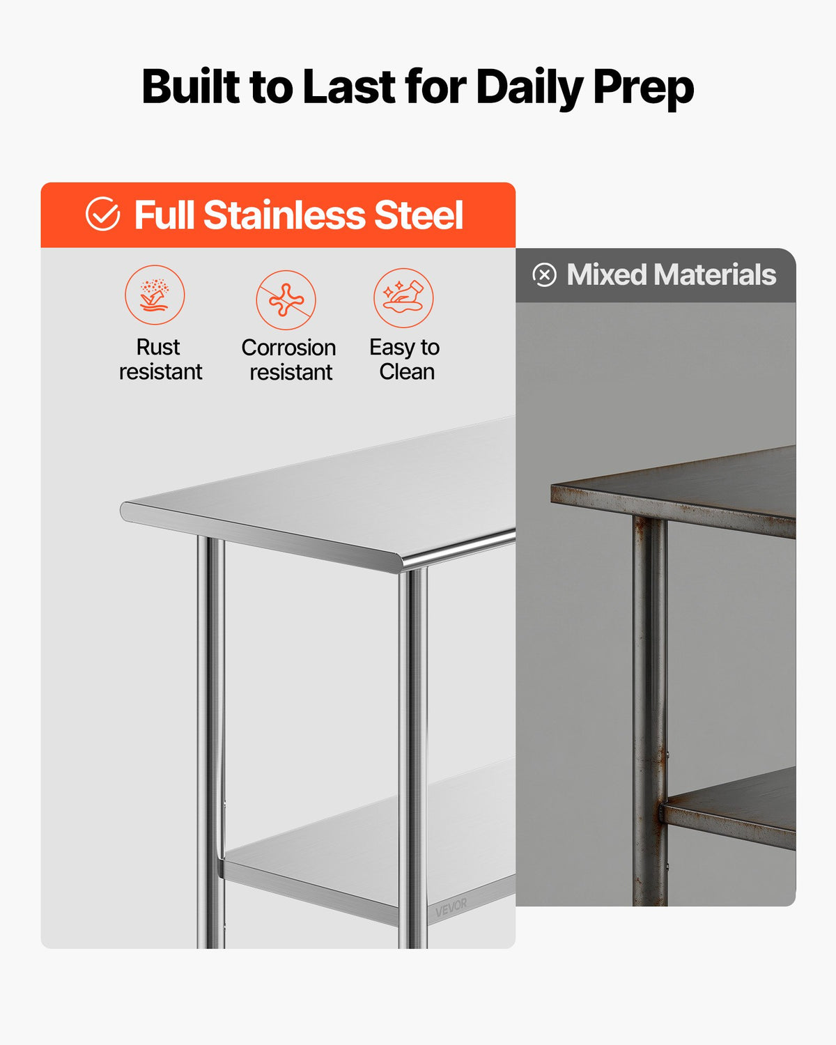 VEVOR Stainless Steel Work Table, 61x152 cm Food Prep Table, Commercial Kitchen Workstation with Adjustable Undershelf, Metal Heavy Duty Utility Worktable, for Restaurant Home Hotel Garage Outdoor