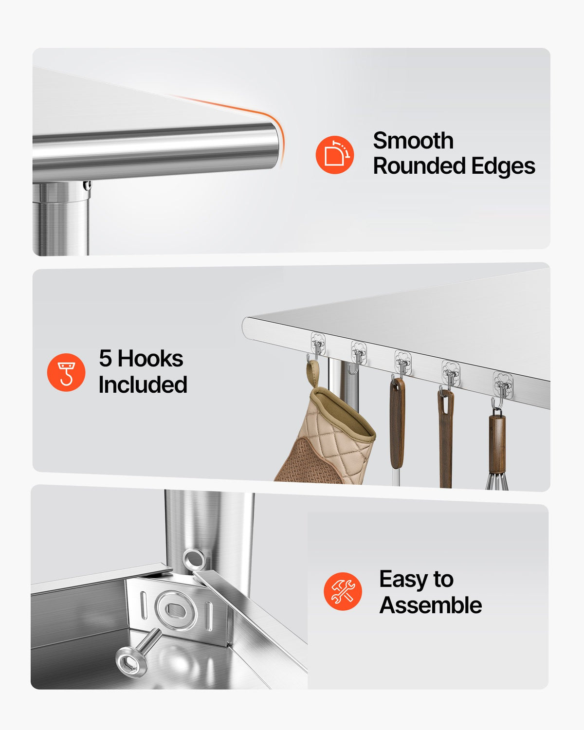 VEVOR Stainless Steel Work Table, 61x152 cm Food Prep Table, Commercial Kitchen Workstation with Adjustable Undershelf, Metal Heavy Duty Utility Worktable, for Restaurant Home Hotel Garage Outdoor