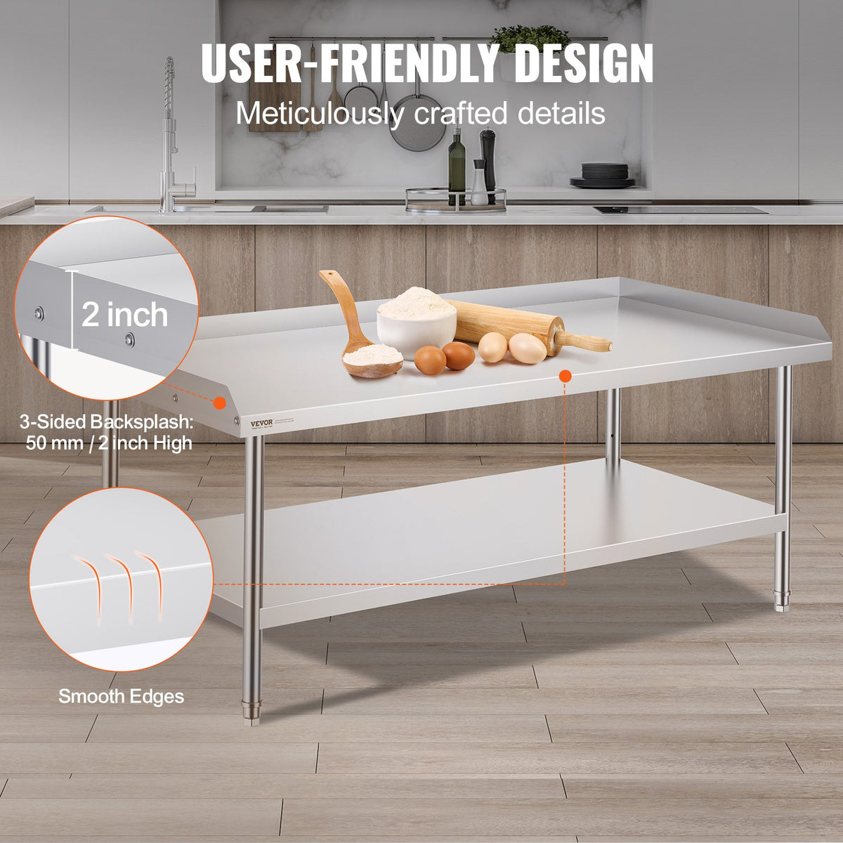 VEVOR Stainless Steel Work Table, 30 x 60 x 26 Inch Commercial Food Prep Worktable, 3-Sided Backsplash Heavy Duty Prep Worktable, Metal Work Table for Restaurant Home Hotel