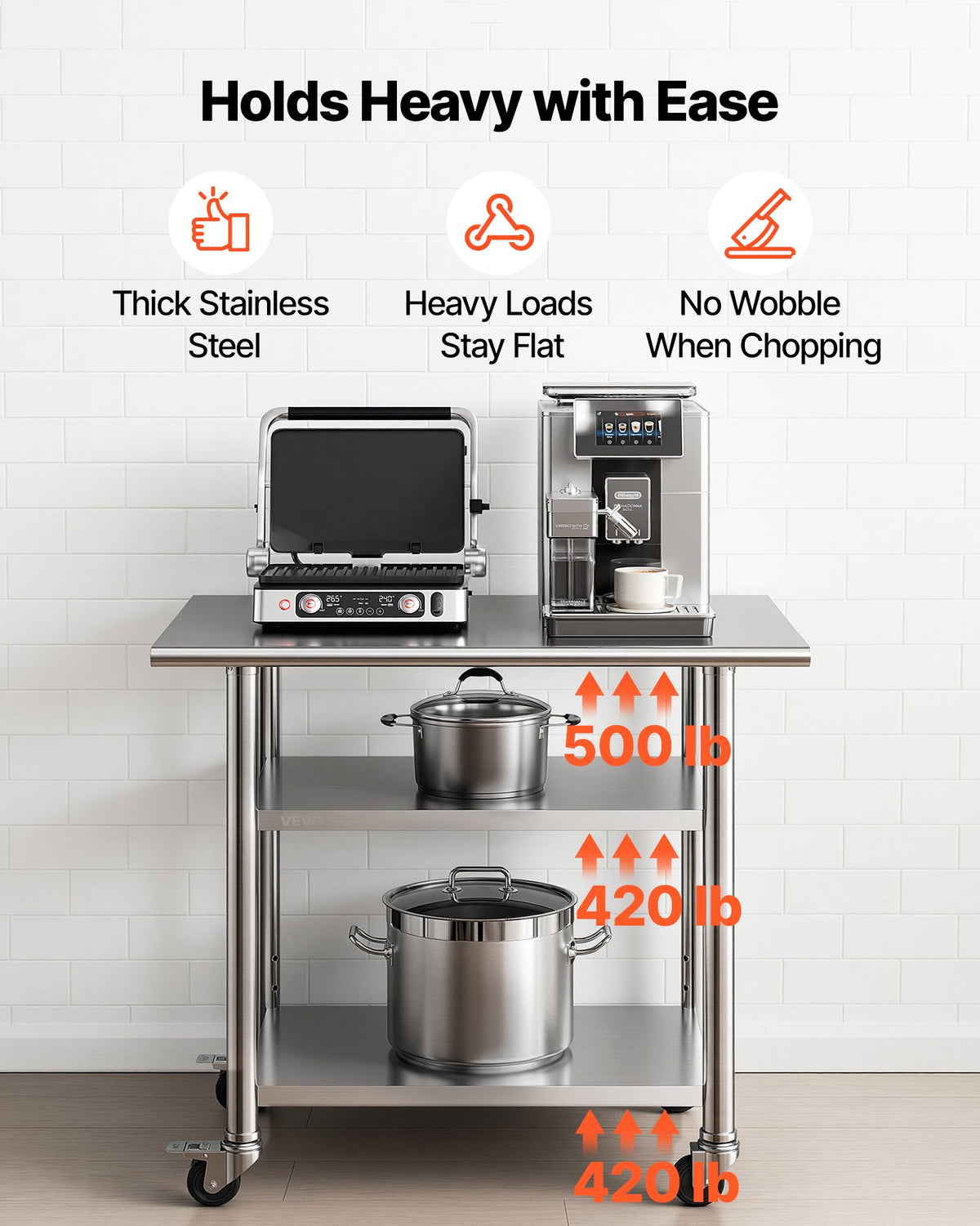 VEVOR Stainless Steel Work Table, 61x91.5 cm Food Prep Table with 2 Shelves and Wheels, Commercial Kitchen Workstation, Metal Heavy Duty Utility Worktable, for Restaurant Home Hotel Garage Outdoor