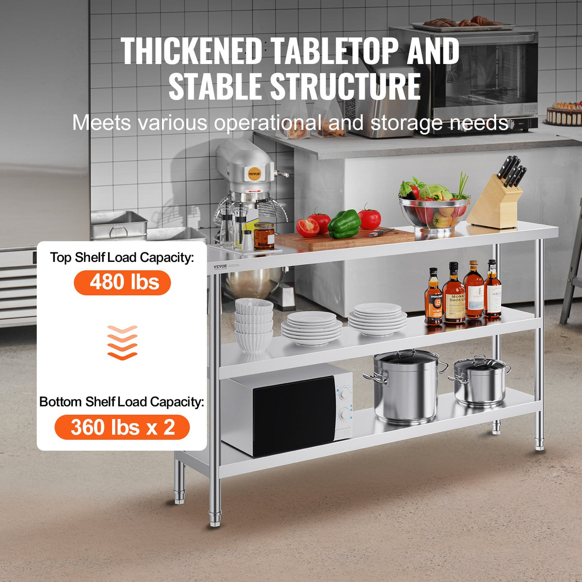 VEVOR Stainless Steel Food Prep Table Commercial Kitchen Work Table 35.6x152.4 cm