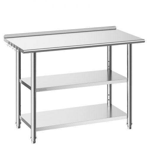 VEVOR Stainless Steel Work Table, 61x122 cm Food Prep Table with 2 Shelves and Backsplash, Commercial Kitchen Workstation, Metal Heavy Duty Utility Worktable, for Restaurant Home Hotel Garage Outdoor