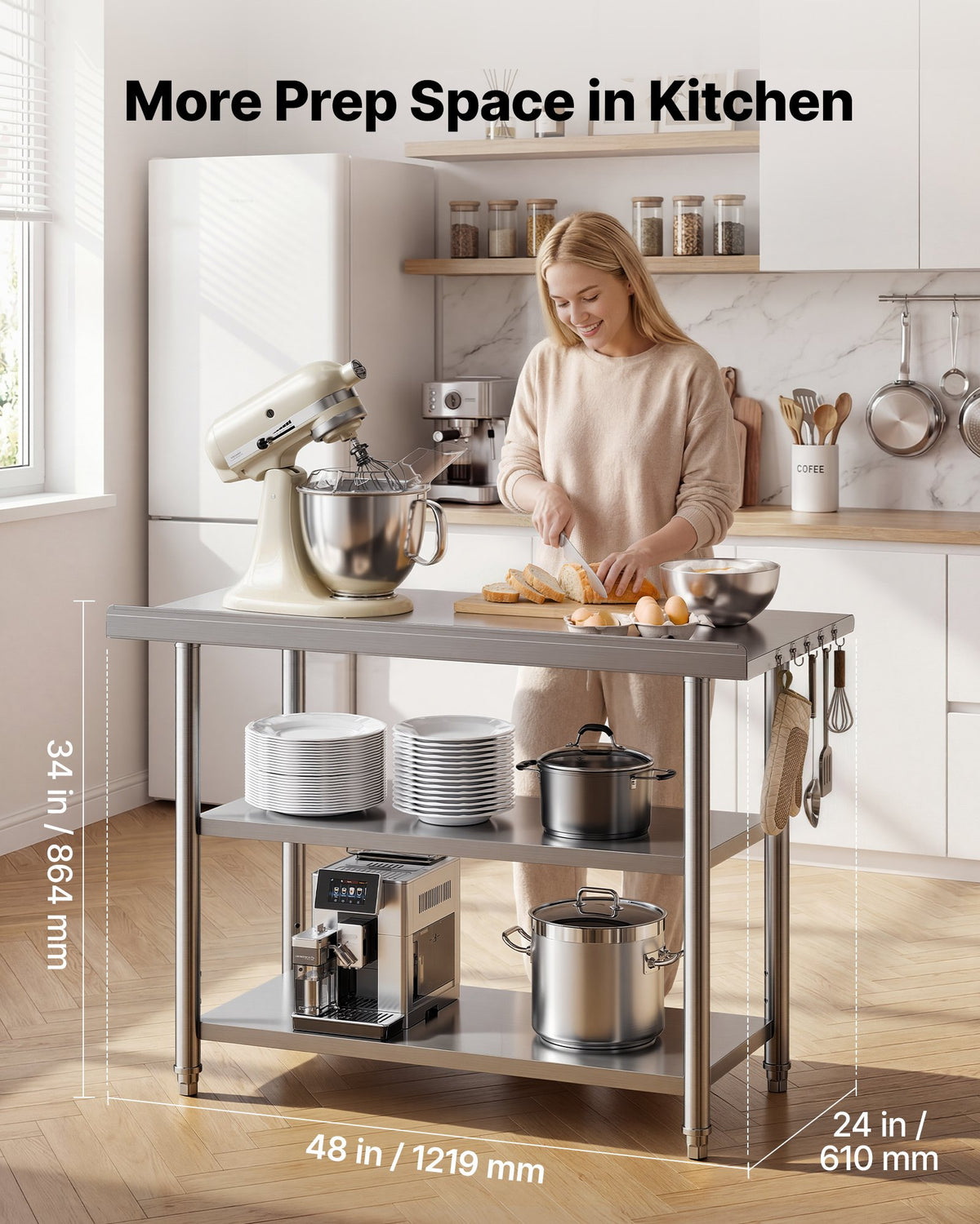 VEVOR Stainless Steel Work Table, 61x122 cm Food Prep Table with 2 Shelves and Backsplash, Commercial Kitchen Workstation, Metal Heavy Duty Utility Worktable, for Restaurant Home Hotel Garage Outdoor