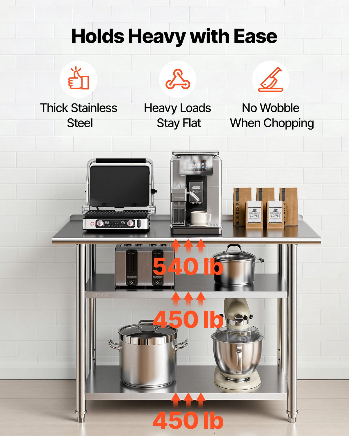 VEVOR Stainless Steel Work Table, 61x122 cm Food Prep Table with 2 Shelves and Backsplash, Commercial Kitchen Workstation, Metal Heavy Duty Utility Worktable, for Restaurant Home Hotel Garage Outdoor