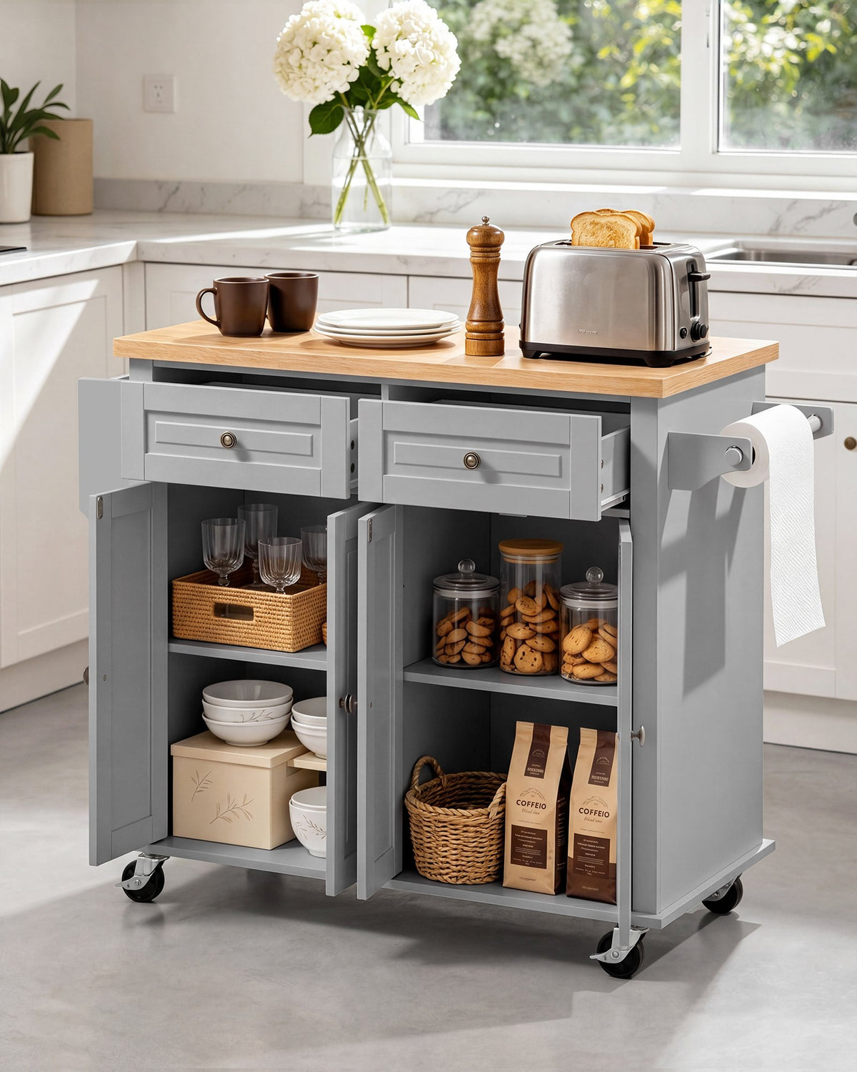 VEVOR Kitchen Island Cart with Storage, 1110 mm Wide Mobile Rolling Storage Island on Swivel Wheels, with 2 Drawers, Storage Cabinet, Spice/Towel Rack, Hooks, Table for Home Dining Room, Gray