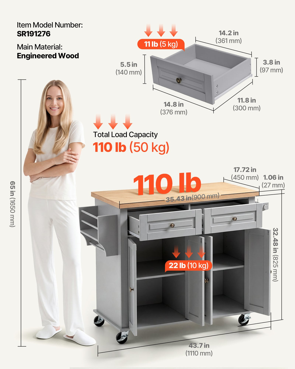 VEVOR Kitchen Island Cart with Storage, 1110 mm Wide Mobile Rolling Storage Island on Swivel Wheels, with 2 Drawers, Storage Cabinet, Spice/Towel Rack, Hooks, Table for Home Dining Room, Gray