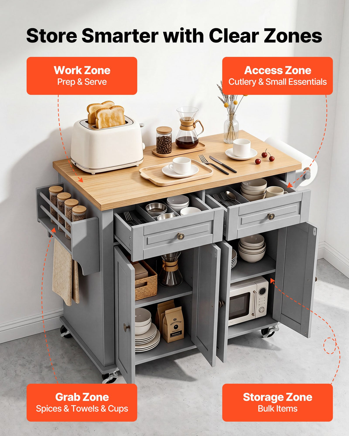 VEVOR Kitchen Island Cart with Storage, 1110 mm Wide Mobile Rolling Storage Island on Swivel Wheels, with 2 Drawers, Storage Cabinet, Spice/Towel Rack, Hooks, Table for Home Dining Room, Gray