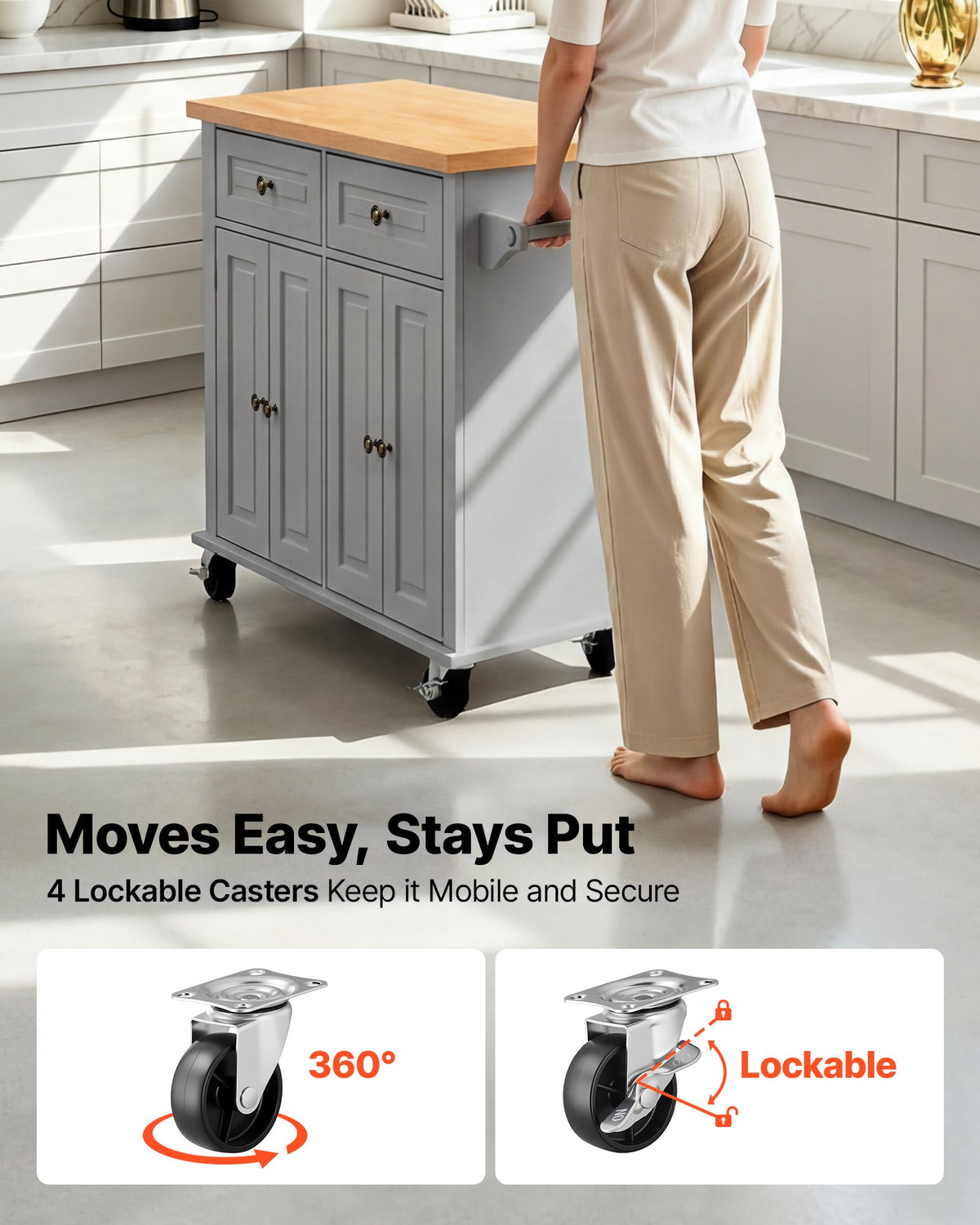 VEVOR Kitchen Island Cart with Storage, 1110 mm Wide Mobile Rolling Storage Island on Swivel Wheels, with 2 Drawers, Storage Cabinet, Spice/Towel Rack, Hooks, Table for Home Dining Room, Gray