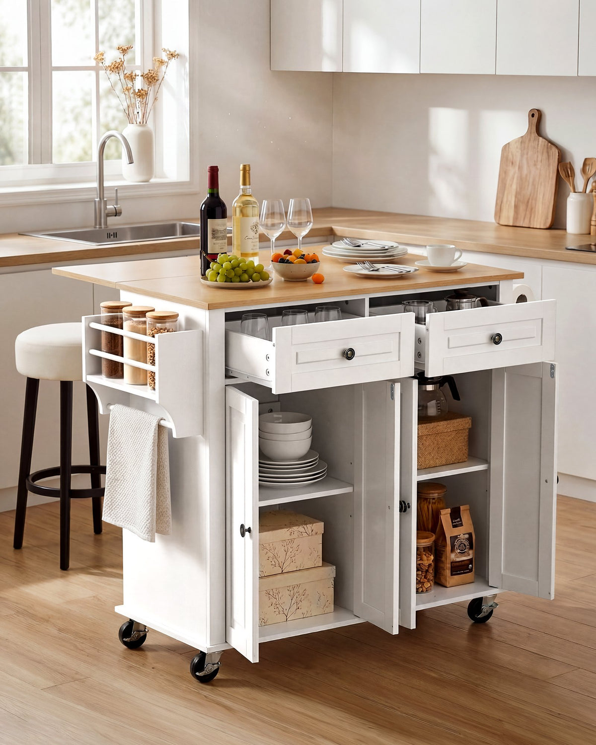 VEVOR Kitchen Island Cart with Storage, 1107 mm Wide Mobile Rolling Storage Island on Swivel Wheels, with 2 Drawers, Storage Cabinet, Drop Leaf, Spice/Towel Rack, Table for Home Dining Room, White