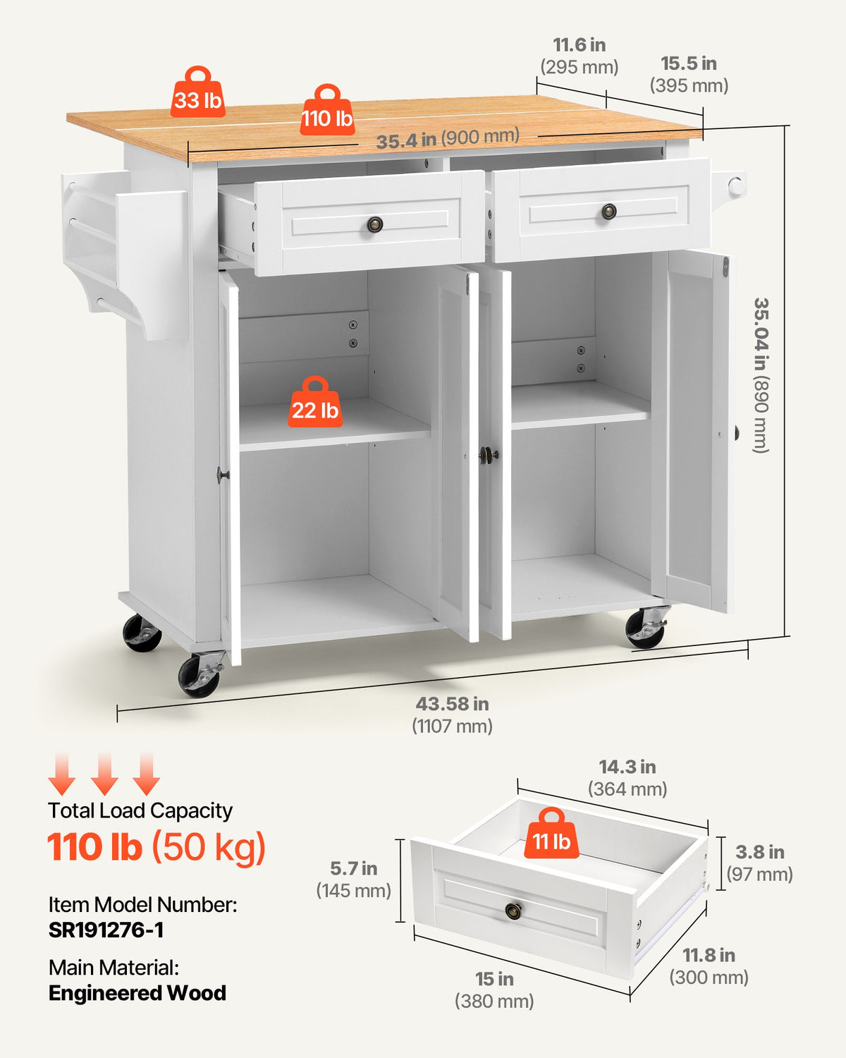 VEVOR Kitchen Island Cart with Storage, 1107 mm Wide Mobile Rolling Storage Island on Swivel Wheels, with 2 Drawers, Storage Cabinet, Drop Leaf, Spice/Towel Rack, Table for Home Dining Room, White