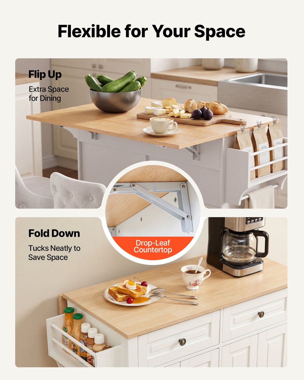 VEVOR Kitchen Island Cart with Storage, 1107 mm Wide Mobile Rolling Storage Island on Swivel Wheels, with 2 Drawers, Storage Cabinet, Drop Leaf, Spice/Towel Rack, Table for Home Dining Room, White