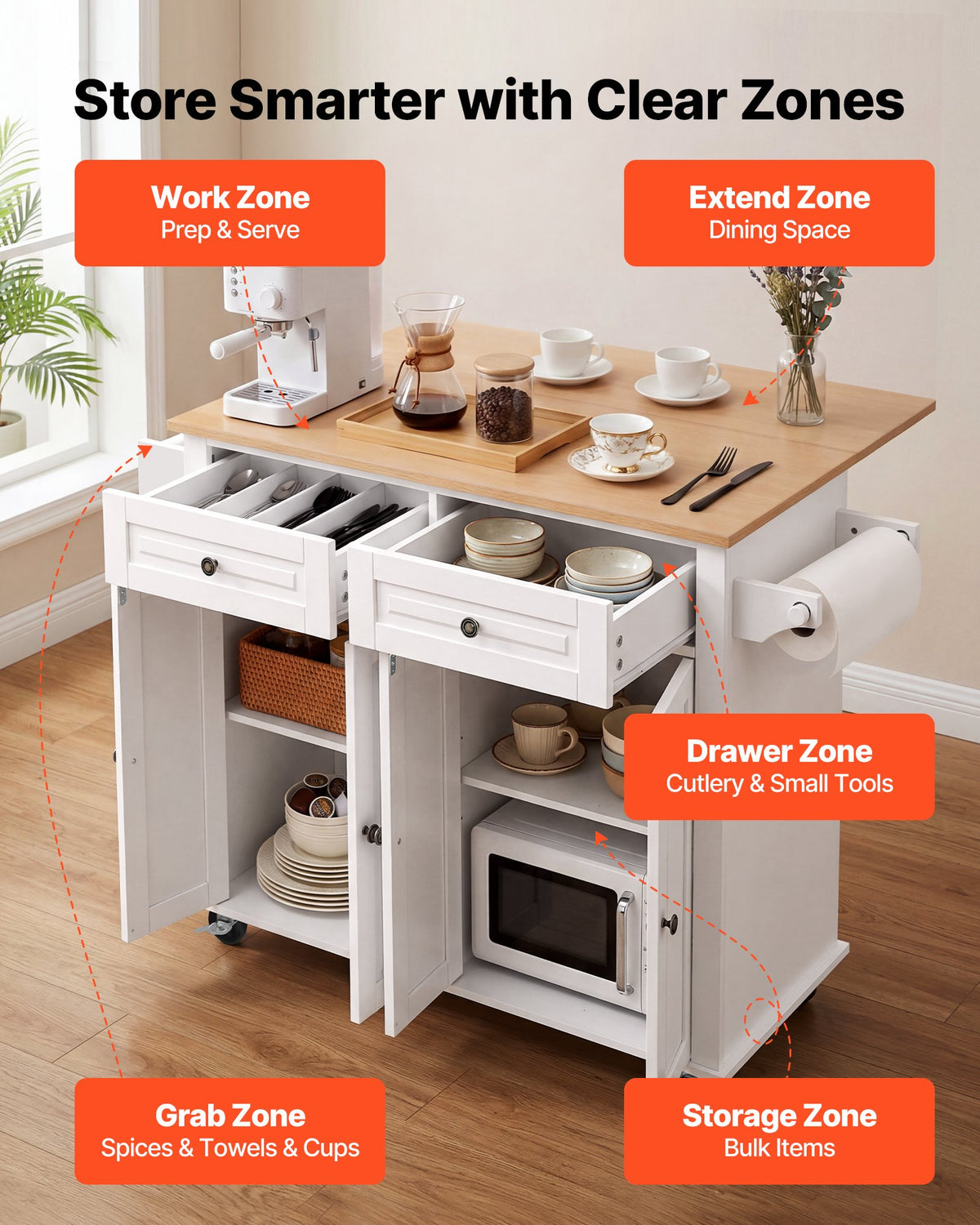 VEVOR Kitchen Island Cart with Storage, 1107 mm Wide Mobile Rolling Storage Island on Swivel Wheels, with 2 Drawers, Storage Cabinet, Drop Leaf, Spice/Towel Rack, Table for Home Dining Room, White