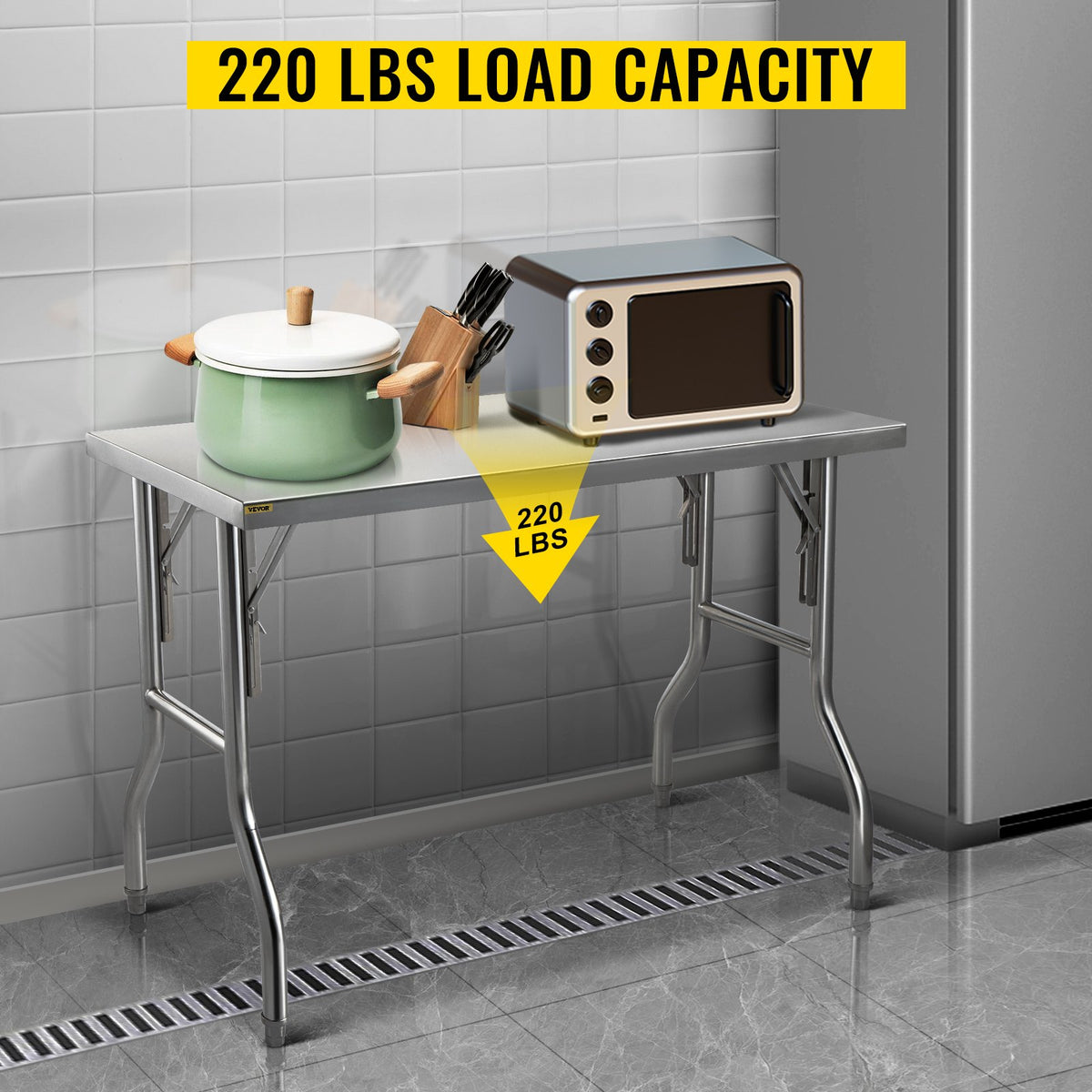 VEVOR Commercial Worktable Workstation 121.9x61 cm Folding Commercial Prep Table, Heavy-duty Stainless Steel Folding Table with 299.8 kg Load, Kitchen Work Table, Silver Stainless Steel Kitchen Island