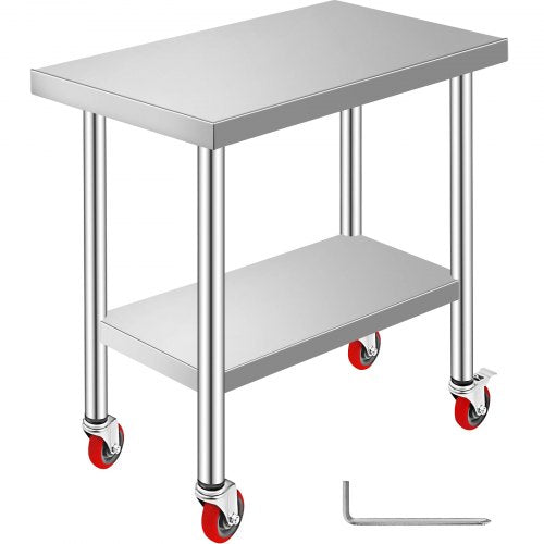 VEVOR Stainless Steel Work Table 30 x 18 x 34 Inch, 700 LBS Load Capacity with 4 Wheels, 3 Adjustable Height Levels, Heavy Duty Food Prep Worktable for Commercial Kitchen Restaurant, Silver