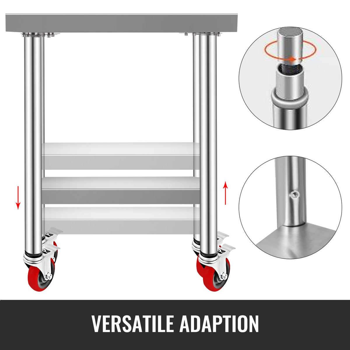 VEVOR Stainless Steel Work Table 36 x 30 x 34 Inch, 700 LBS Load Capacity with 4 Wheels, 3 Adjustable Height Levels, Heavy Duty Food Prep Worktable for Commercial Kitchen Restaurant, Silver