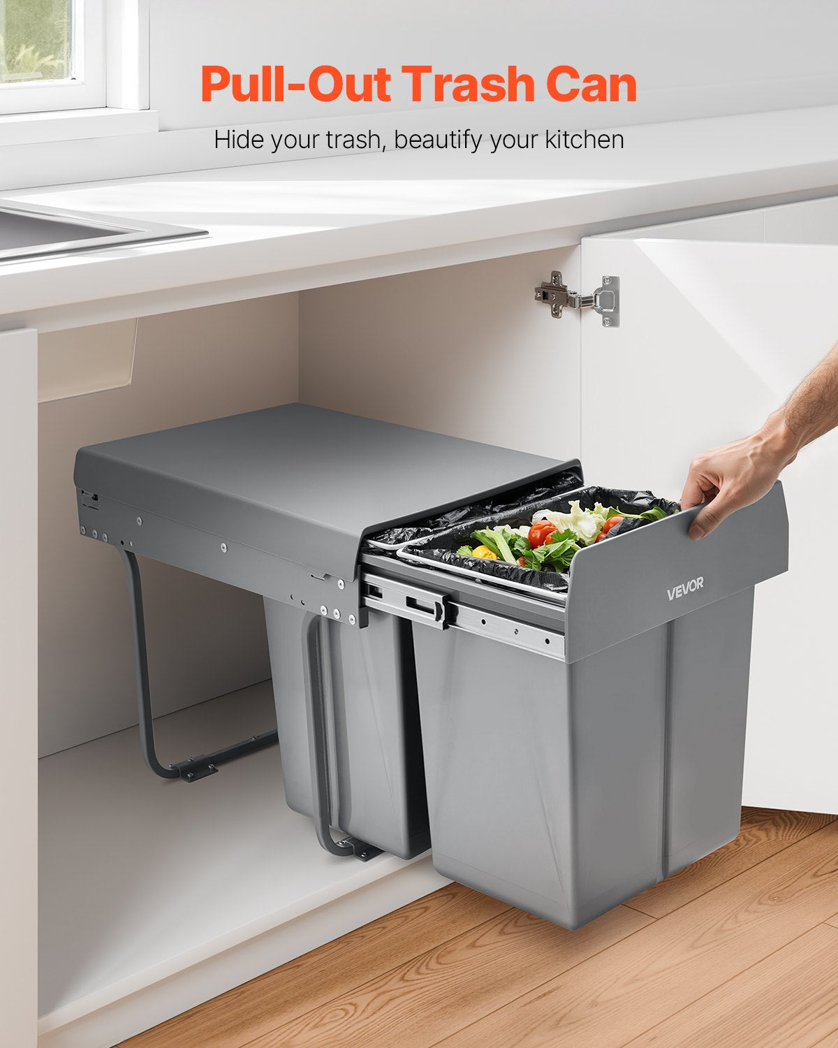 VEVOR Pullout Trash Can for Kitchen Cabinets, 20+10+10L Double Under Sink Garbage Waste Recycling Bin, Under Mount Waste Container, with Heavy Duty Metal Full Extension Sliding System and Handle