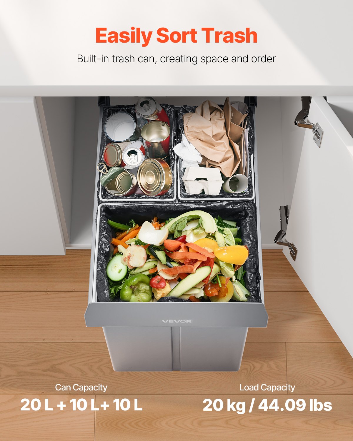 VEVOR Pullout Trash Can for Kitchen Cabinets, 20+10+10L Double Under Sink Garbage Waste Recycling Bin, Under Mount Waste Container, with Heavy Duty Metal Full Extension Sliding System and Handle