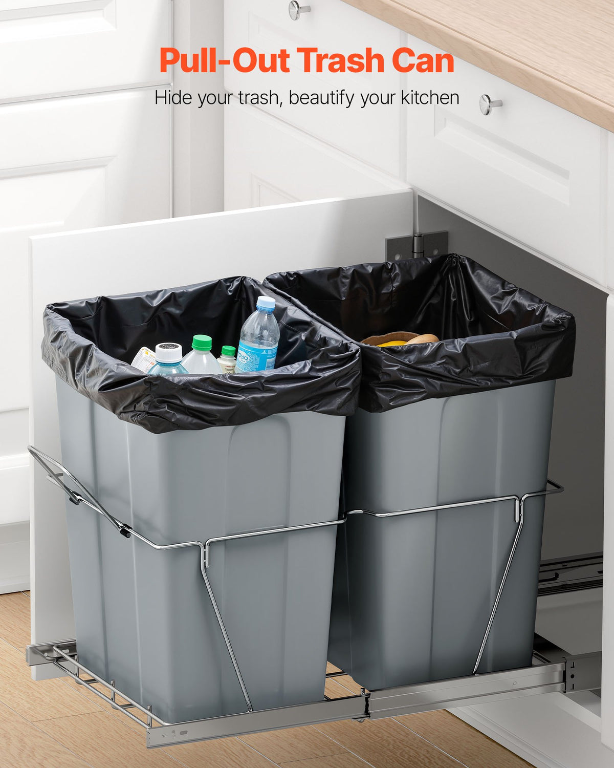 VEVOR Pullout Trash Can for Kitchen Cabinets, Double Under Sink Garbage Waste Recycling Bin, Under Mount Waste Container, with Heavy Duty Metal Full Extension Sliding System and Handle
