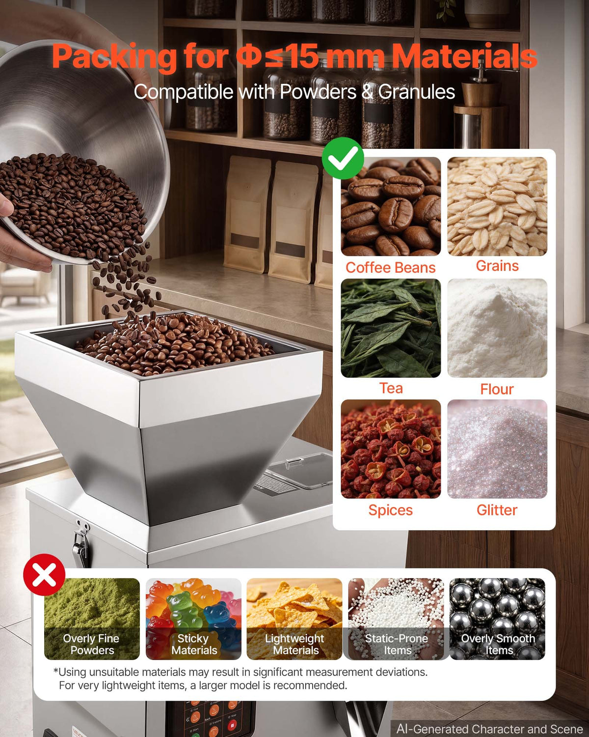 VEVOR Powder Filling Machine, 3-200g Automatic Particle Dispenser, High Accuracy, Premium Stainless Steel, Intelligent Weighing Dispensing Filler for Coffee Beans, Grains, Tea, Spices, Silver