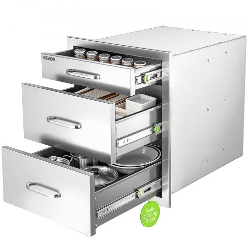 VEVOR Outdoor Kitchen Drawers, 51.8 x 52 x 44.2 cm (WxHxD), 3-Tier Access, for BBQ Island Storage, Patio Bars and Grill Station, with Handle, Built-In BBQ Island Drawers Organize Cookware Accessories