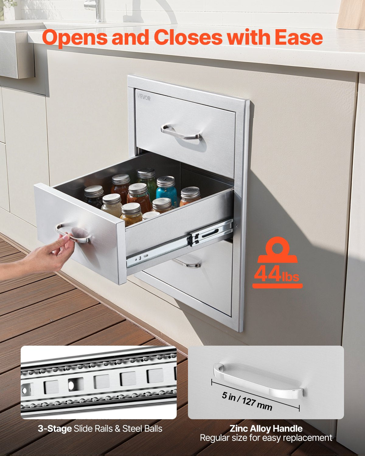 VEVOR Outdoor Kitchen Drawers 18.11"W x 23.23"D x 23.23"H, Triple-Access Stainless Steel BBQ Drawers with Handles, BBQ Island Drawer for Outdoor Kitchens or Barbeque Island Patio Grill Station