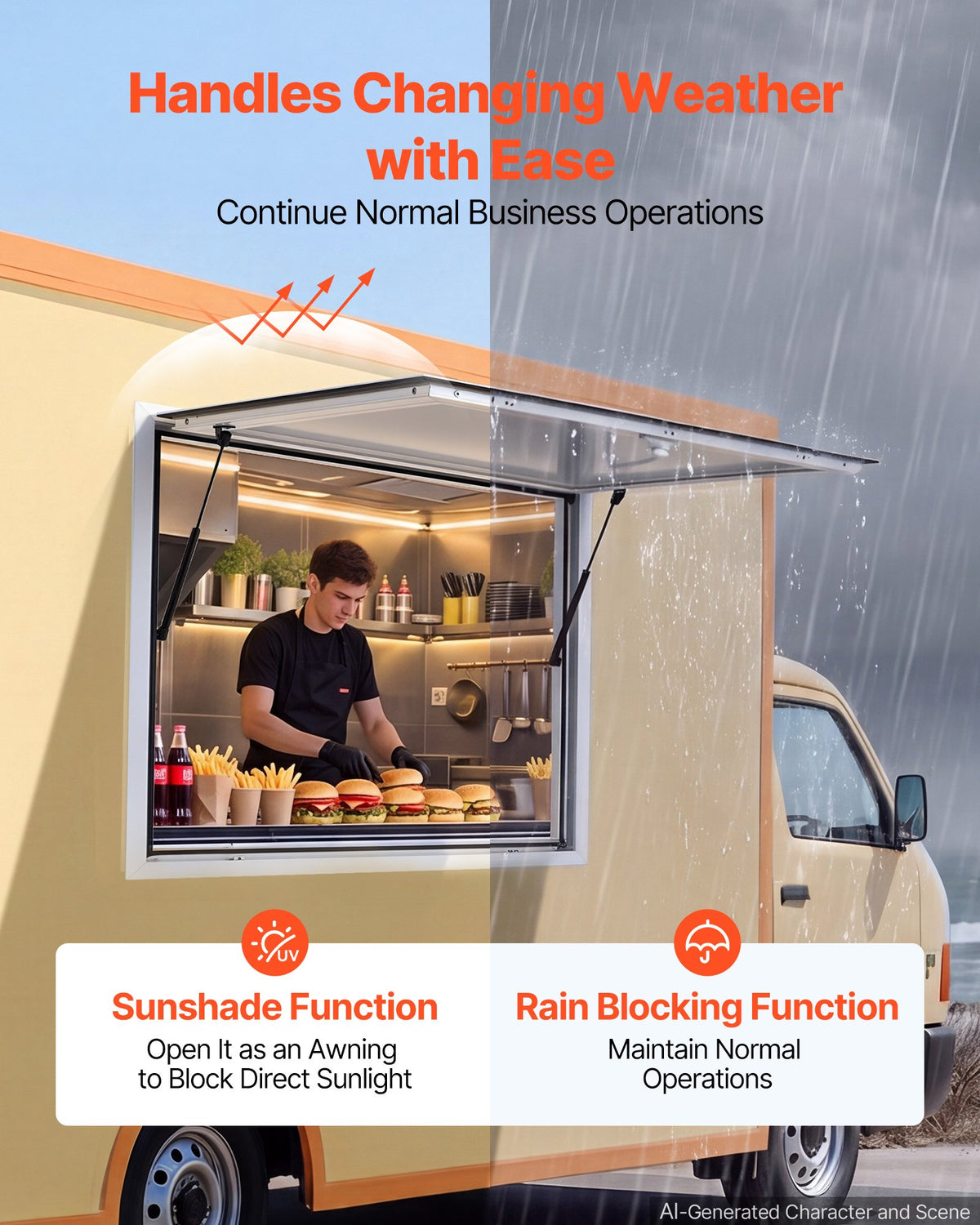 VEVOR Concession Window 915x915mm Aluminum Alloy Frame Service Window, for Food Truck, Up to 85 Degrees Stand Serving w/ Awning Door and Drag Hook, Rainwater Resistant for Concession Trailer
