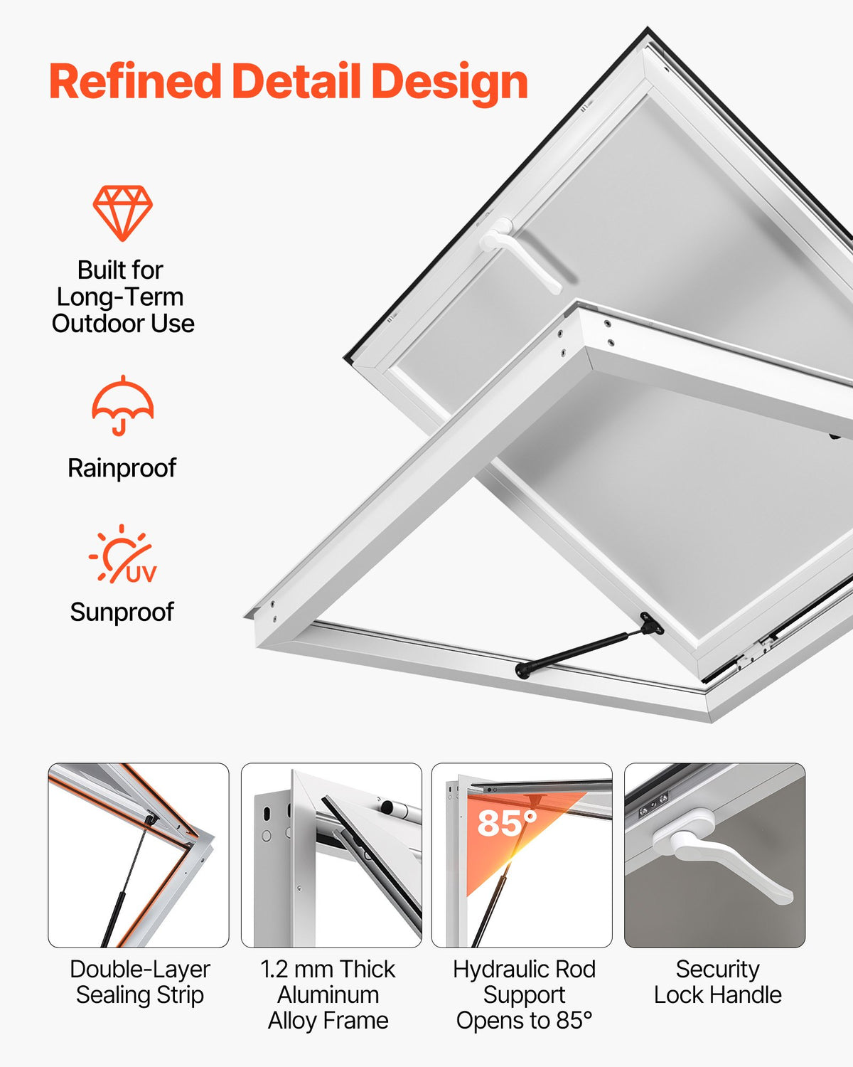 VEVOR Concession Window 915x915mm Aluminum Alloy Frame Service Window, for Food Truck, Up to 85 Degrees Stand Serving w/ Awning Door and Drag Hook, Rainwater Resistant for Concession Trailer