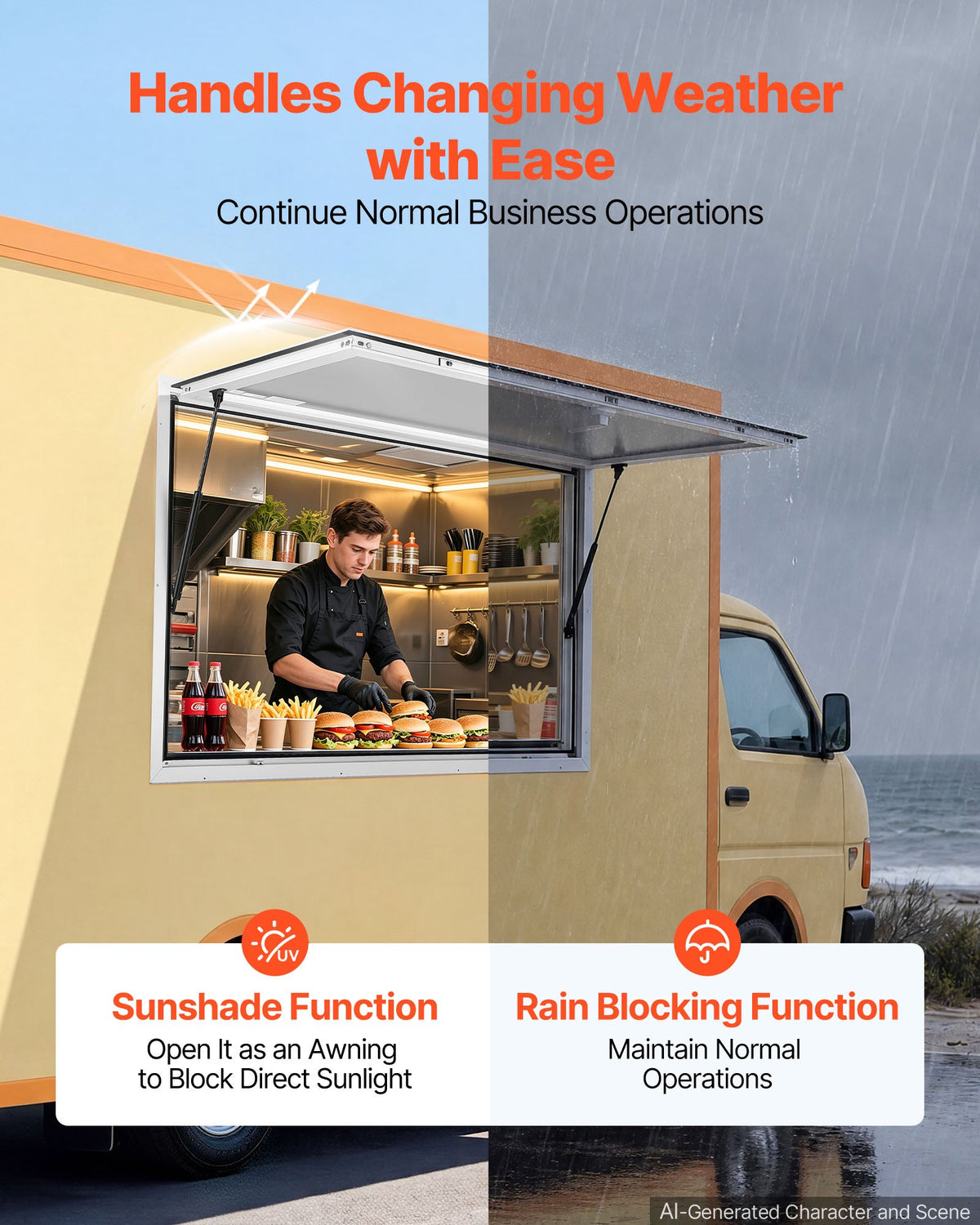 VEVOR Concession Window 1220x915mm Aluminum Alloy Frame Service Window, for Food Truck, Up to 85 Degrees Stand Serving Windows w/ Awning Door and Drag Hook, Rainwater Resistant for Concession Trailer