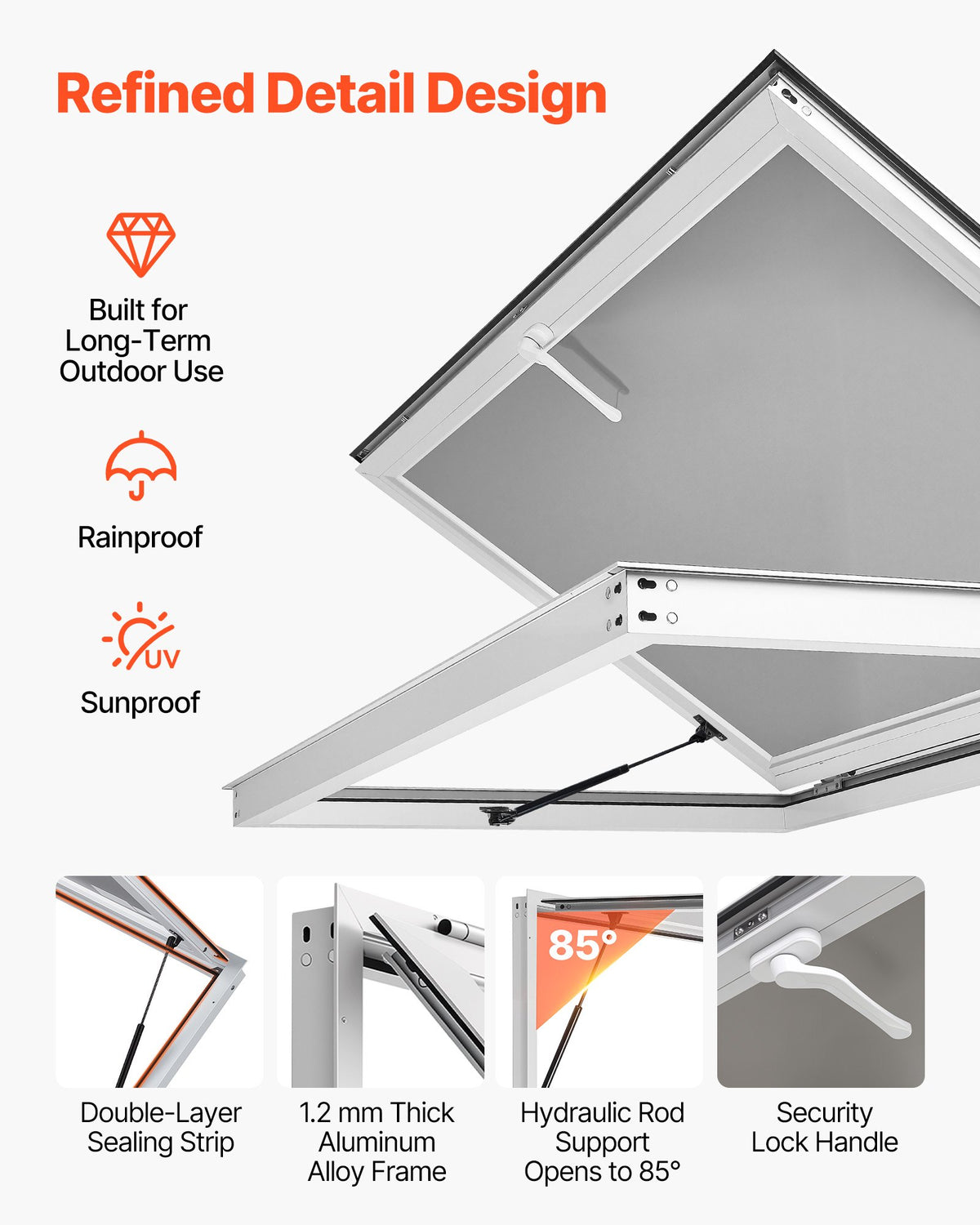VEVOR Concession Window 1220x915mm Aluminum Alloy Frame Service Window, for Food Truck, Up to 85 Degrees Stand Serving Windows w/ Awning Door and Drag Hook, Rainwater Resistant for Concession Trailer