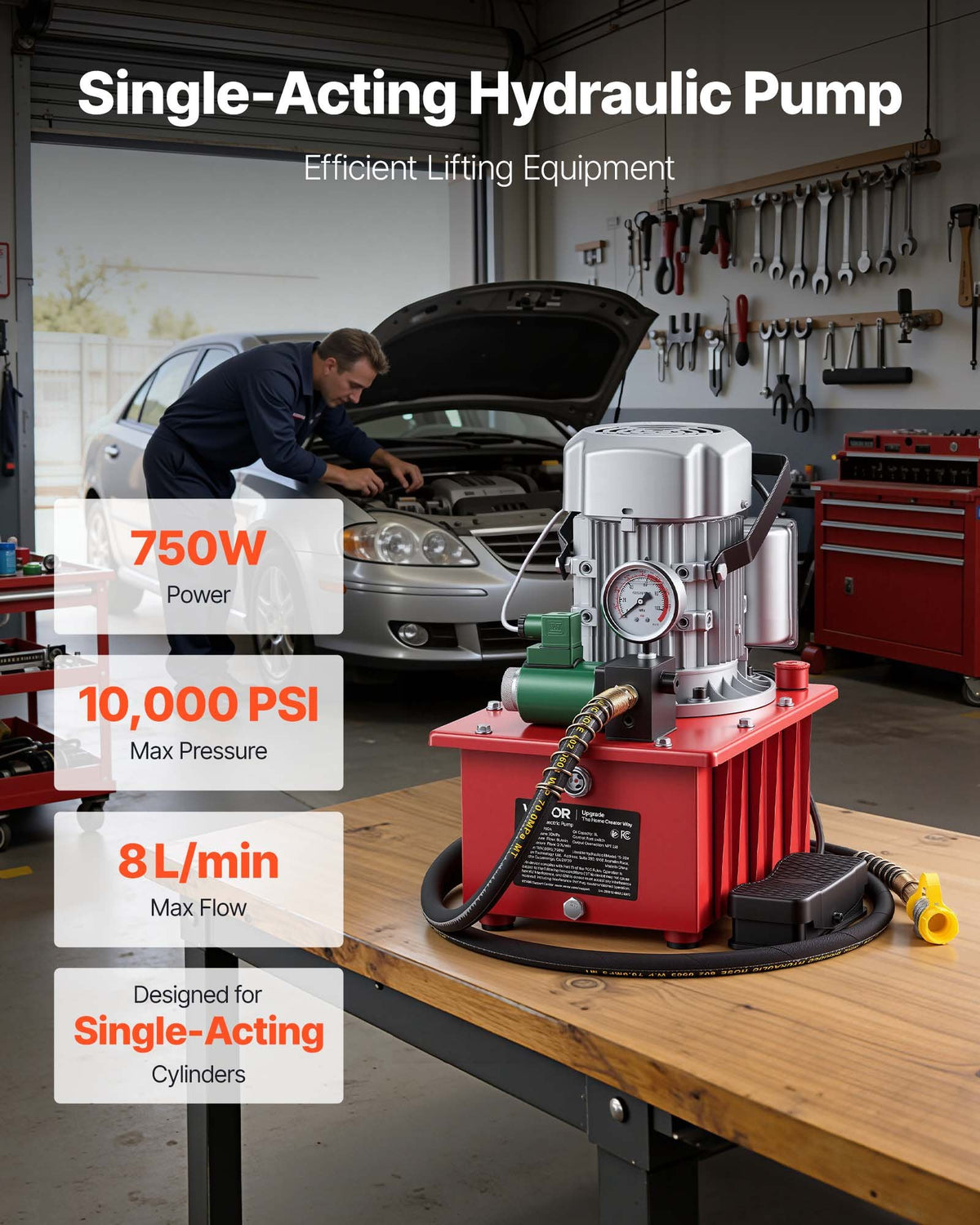 VEVOR Electric Driven Hydraulic Pump, 750W 10,000 PSI, Single Acting Hydraulic Pump Power Pack Unit, Solenoid Valve with Pedal Switch, 2.1 Gal / 8L, for Punching, Bending, Single Acting Cylinders