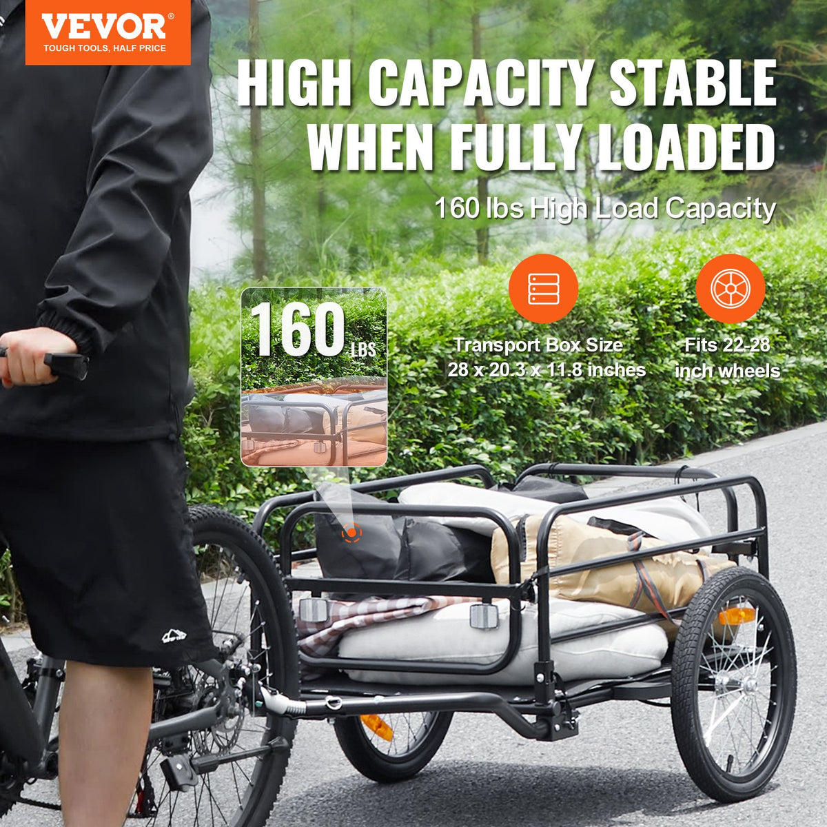 VEVOR Bike Cargo Trailer, 72.5 kg Load Capacity, Heavy-Duty Bicycle Wagon Cart, Foldable Compact Storage & Quick Release with Universal Hitch, 40.6 cm Wheels, Safe Reflectors, Fits 558.8-711.2 mm Bike Wheels