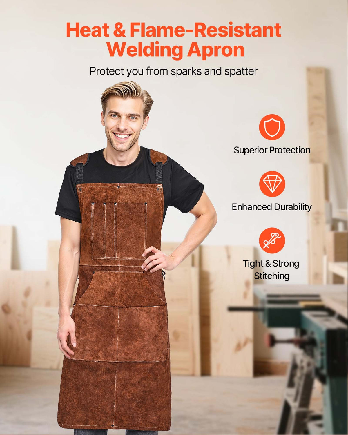 VEVOR Leather Welding Work Apron, Heavy Duty Cowhide Flame Resistant Welding Apron, Heat-Resistant Blacksmith Welder Aprons with 6 Tool Pockets for Woodworking, Gardening, BBQ