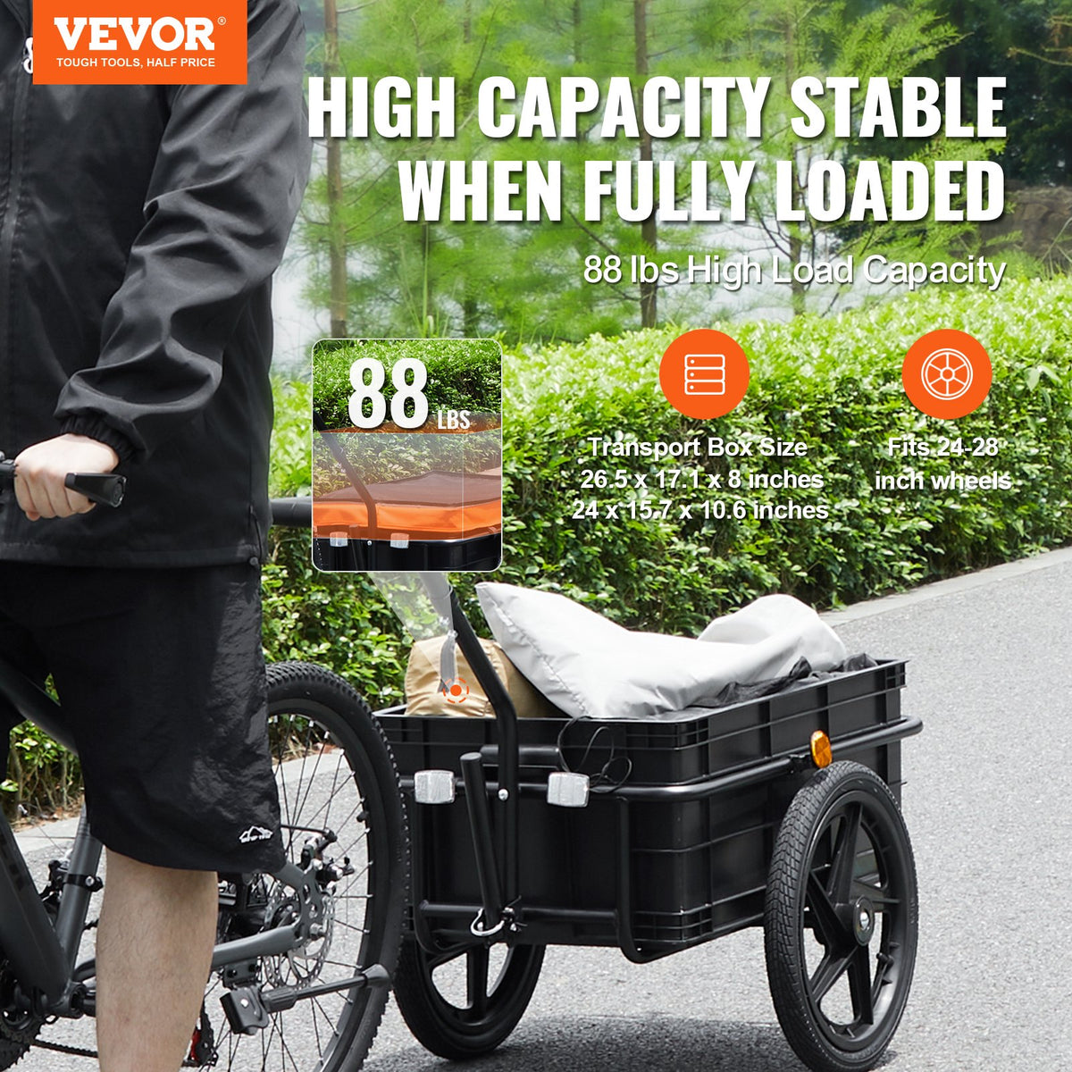 VEVOR Bike Cargo Trailer, 88 lbs/39.9 kg Load Capacity, Heavy-Duty Bicycle Wagon Cart, Foldable Compact Storage with Universal Hitch, Waterproof Cover, 16" (40.6 cm) Wheels, Safe Reflectors, Fits 24"-28" (61-71 cm) Bike Wheels