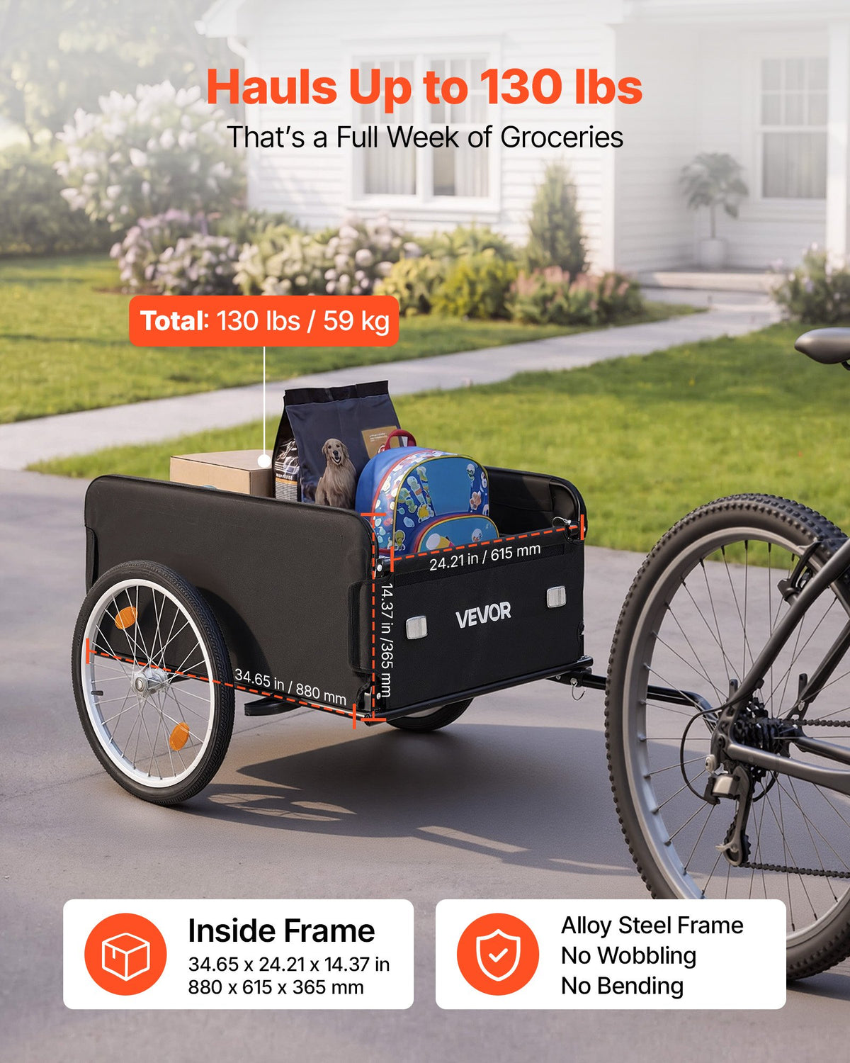 VEVOR Bike Cargo Trailer 59 kg Load Heavy-Duty Bicycle Wagon Cart Folding, Foldable Compact Storage with Waterproof Cover, 508 mm Wheels, Reflectors, Carbon Steel Frame, Fits 559-711 mm Bike Wheels