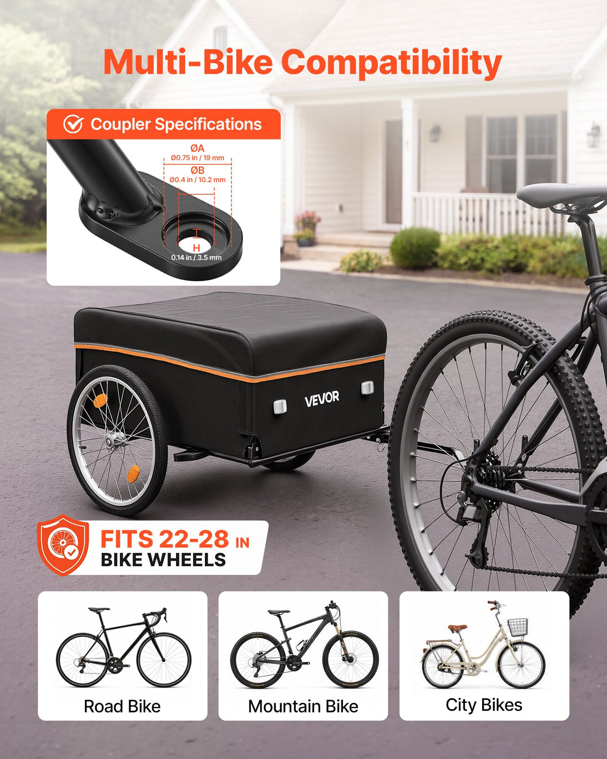 VEVOR Bike Cargo Trailer 59 kg Load Heavy-Duty Bicycle Wagon Cart Folding, Foldable Compact Storage with Waterproof Cover, 508 mm Wheels, Reflectors, Carbon Steel Frame, Fits 559-711 mm Bike Wheels