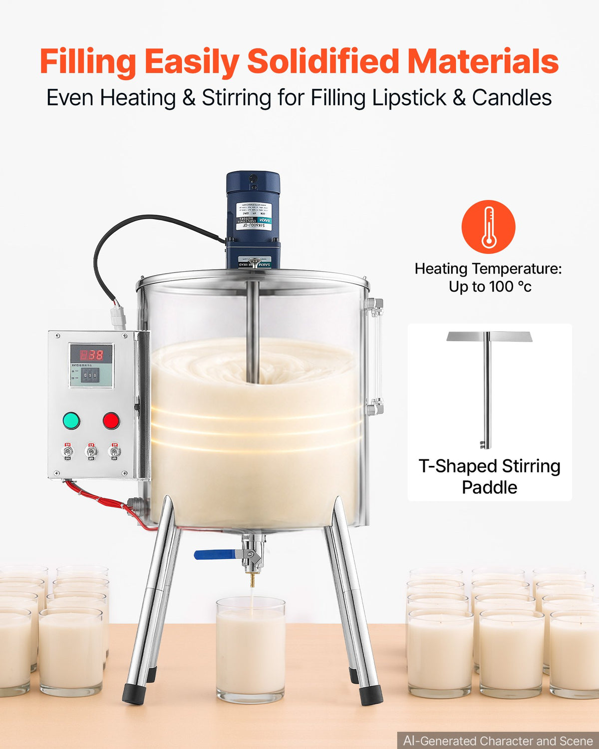 VEVOR Liquid Filling Machine, 30 L Hopper, Heating & Mixing Bottle Filler, for Candle Wax, Lipstick Paste, Lipstick, Stainless Steel Tank, Temperature Control, T-Shaped Mixing Blade, Stable Legs